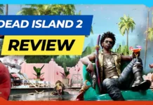 A man with sunglasses and a drink relaxes in a pool chair amid chaos, with zombies and palm trees in the background. Bold text reads “DEAD ISLAND 2 REVIEW.”.