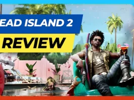 A man with sunglasses and a drink relaxes in a pool chair amid chaos, with zombies and palm trees in the background. Bold text reads “DEAD ISLAND 2 REVIEW.”.