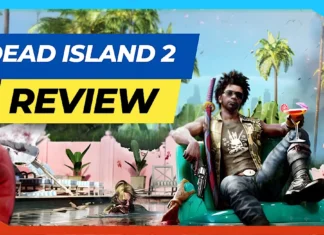 A man with sunglasses and a drink relaxes in a pool chair amid chaos, with zombies and palm trees in the background. Bold text reads “DEAD ISLAND 2 REVIEW.”.