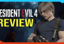 A graphic for a Resident Evil 4 Remake Review features the game’s title in bold letters and a serious blond male character in a blue shirt with a weapon, set against a dark, moody background.