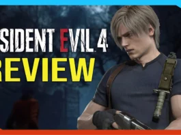 A graphic for a Resident Evil 4 Remake Review features the game’s title in bold letters and a serious blond male character in a blue shirt with a weapon, set against a dark, moody background.