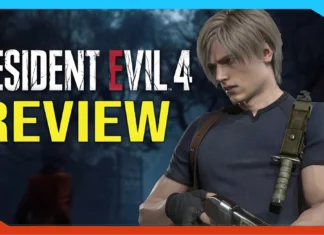 A graphic for a Resident Evil 4 Remake Review features the game’s title in bold letters and a serious blond male character in a blue shirt with a weapon, set against a dark, moody background.