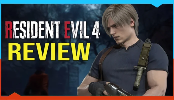 A graphic for a Resident Evil 4 Remake Review features the game’s title in bold letters and a serious blond male character in a blue shirt with a weapon, set against a dark, moody background.