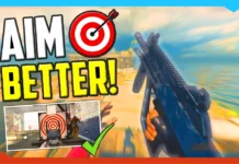 First-person view holding a gun in a video game, with "Aim Better!" text and target graphics, offering tips to help you improve your aim in FPS games.
