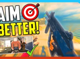 First-person view holding a gun in a video game, with "Aim Better!" text and target graphics, offering tips to help you improve your aim in FPS games.