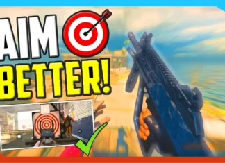 First-person view holding a gun in a video game, with "Aim Better!" text and target graphics, offering tips to help you improve your aim in FPS games.