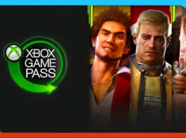 Xbox Game Pass logo on the left; on the right, three video game characters from different games are shown side by side against a colorful background.