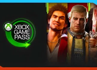 Xbox Game Pass logo on the left; on the right, three video game characters from different games are shown side by side against a colorful background.