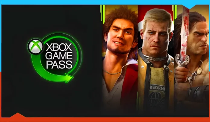 Xbox Game Pass logo on the left; on the right, three video game characters from different games are shown side by side against a colorful background.