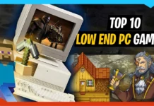 A vibrant collage featuring an old PC, Minecraft character, medieval hero, cartoon house, and bold text reading Top 10 Best Video Games to Play for Low End PC—all set against a colorful background.