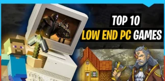 A vibrant collage featuring an old PC, Minecraft character, medieval hero, cartoon house, and bold text reading Top 10 Best Video Games to Play for Low End PC—all set against a colorful background.