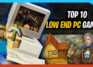 A vibrant collage featuring an old PC, Minecraft character, medieval hero, cartoon house, and bold text reading Top 10 Best Video Games to Play for Low End PC—all set against a colorful background.