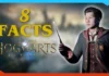 A person in a Hogwarts robe holds a wand; text reads 8 facts about Hogwarts Legacy. The blurred, magical background sets the scene for exploring secrets within the wizarding world.
