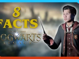 A person in a Hogwarts robe holds a wand; text reads 8 facts about Hogwarts Legacy. The blurred, magical background sets the scene for exploring secrets within the wizarding world.