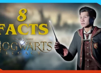 A person in a Hogwarts robe holds a wand; text reads 8 facts about Hogwarts Legacy. The blurred, magical background sets the scene for exploring secrets within the wizarding world.