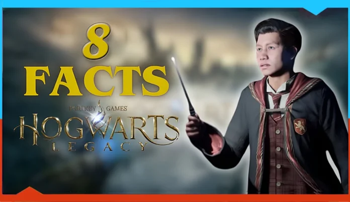 A person in a Hogwarts robe holds a wand; text reads 8 facts about Hogwarts Legacy. The blurred, magical background sets the scene for exploring secrets within the wizarding world.