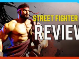 A muscular male fighter with a red headband is shown next to the words “Street Fighter 6 Review” in bold text on a stylized background.