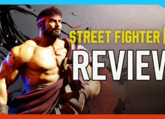 A muscular male fighter with a red headband is shown next to the words “Street Fighter 6 Review” in bold text on a stylized background.