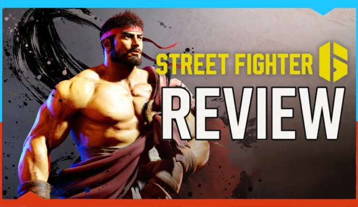 A muscular male fighter with a red headband is shown next to the words “Street Fighter 6 Review” in bold text on a stylized background.