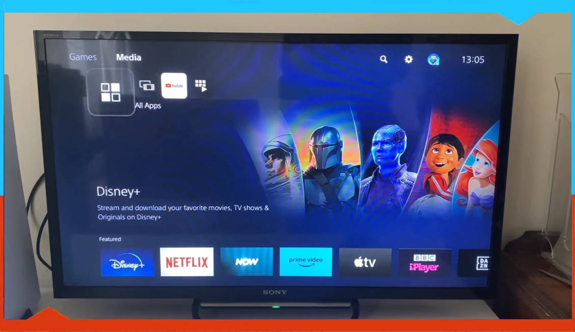 All Apps menu open inside the PS5 Media hub, displaying streaming app options.