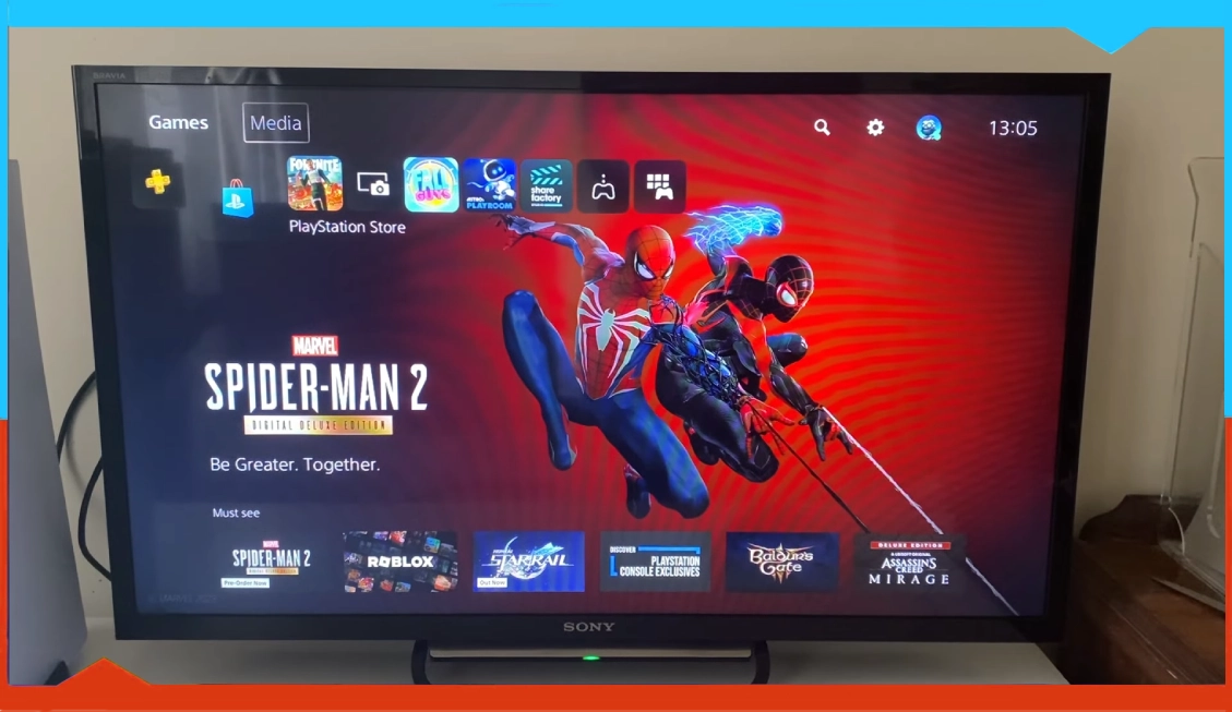 PS5 Pro home screen showing navigation toward the Media section tab.