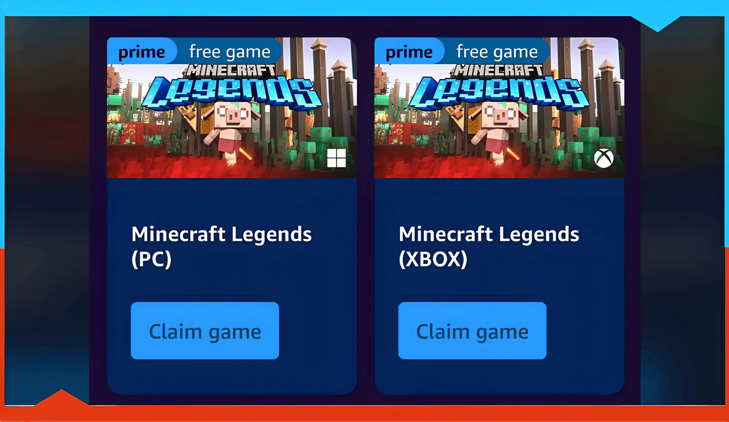 Two cards displaying different versions of Minecraft Legends with instructions for claiming via Prime Gaming.